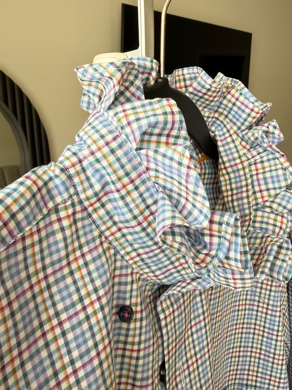 Reloved Upcycle Preppy Robert Talbott Multicolor Check Ruffle Collar Blouse